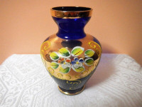 Murano Venetian Vase 24K Gold Enamel Flowers Cobalt Blue 5”