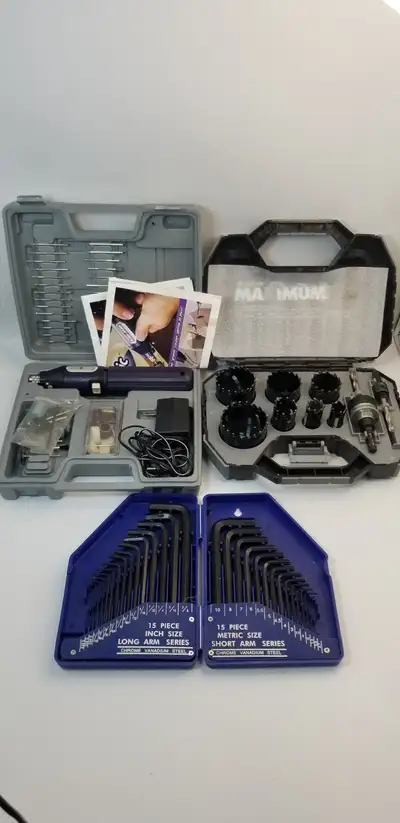 61 pc Cordless Die Grinder Set. Hole saw kit set. Allen Hex Hand, View more