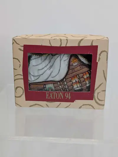 VINTAGE Eaton 1994 Embroidered Christmas Ornaments log cabin, View more