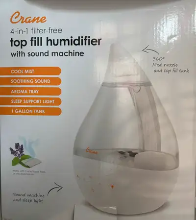 Crane Clear White Top Fill Ultrasonic Drop Humidifier 4 in 1 with sound machine, ambient light and a...