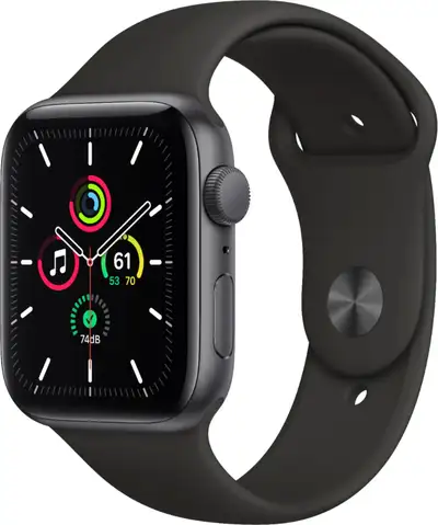 New Open Box Apple Watch SE 44mm Space Gray Aluminum - Black Sport Band MYDT2VC/A GPS model lets you...