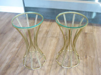 SOLD— Pair Metal Drum Style End Side Tables w/Thick Glass Top