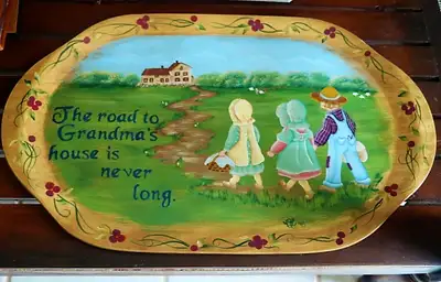 LARGE SIGNED HAND-PAINTED THE ROAD TO GRANDMA'S HOUSE WOOD TRAY, View more