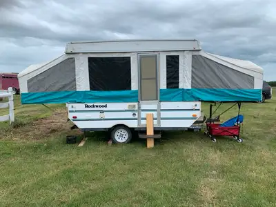 Rockwood tent trailer. Fridge, heater, sink. Lightweight can be towed with SUV. Beds are queen and d...