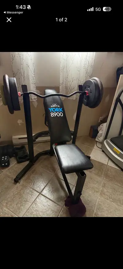 Bench + 220 lbs + steel bar, View more