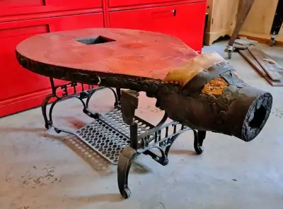 Coffee Table, Antique Manitoulin Island Bellows with a White Sewing Machine Base : -one of a kind pi...