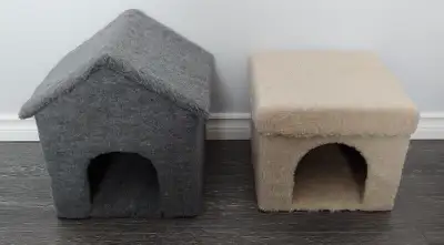 Cat condos. 2 new hand made, cat hidey houses. Very sturdy. House style SOLD and tan one are $30.00...
