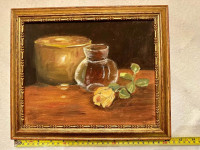 très belle huile sur toile, nature morte à la rose jaune encadré