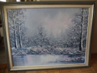 Framed oil on canvas signed winter scene - 45 1/2 by 35