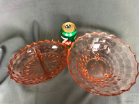 VINTAGE/GLASS  AMBRE/PINK  3 FOOTED ROUND  BOWL , AND OVAL SERVI