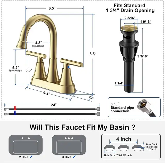 Bathroom Faucets for Sink 3 Hole, Hurran 4 inch Brushed Gold Bat in Bathwares in Gatineau - Image 5