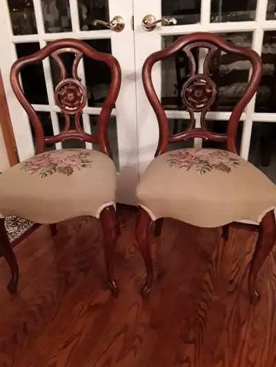 ANTIQUE CHAIRS, VICTORIAN FRENCH CARVED BALLOON BACK. Beautifully preserved with original trammed ta...