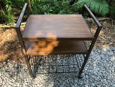 Vintage metal stand. Folding Side shelves..,., possibly for speakers? Back of second shelf has small...