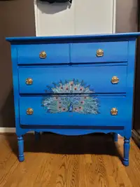 Beautiful Hand Painted Antique Dresser with Blue & Gold Peacock 
