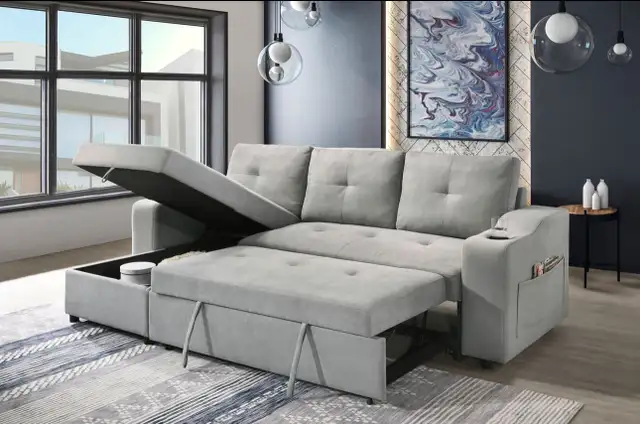 Fabric sectional sofa and chaise with hide-a-bed Storage in Couches & Futons in Vancouver - Image 3