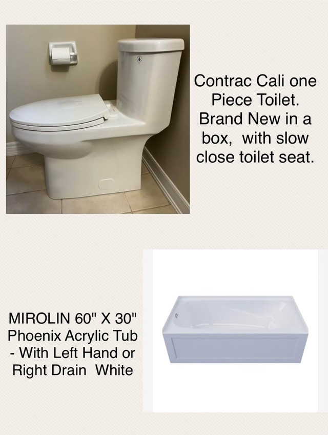 MIROLIN 60" X 30" Phoenix Acrylic Tub.. Contrac Cali Toilet in Plumbing, Sinks, Toilets & Showers in City of Toronto - Image 2