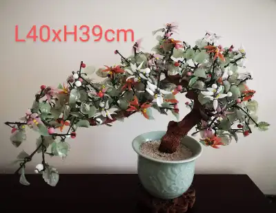 Vintage Jade Glass Large Bonsai Tree Pink Flowers Green Leaves only $139