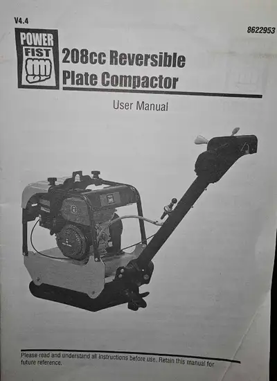 Power Fist Reversible Plate Compactor for sale. Has carrying wheels. Comes with rubber pad under it....