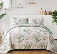 New 3 PC Green & Gold Leaves Reversible Quilt Set • KING $110