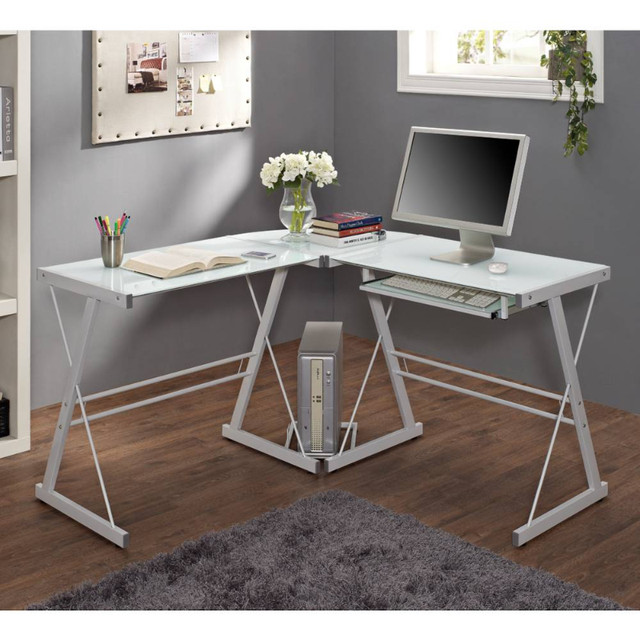 Soreno L-Shaped Computer Desk in White Glass & Steel in Home Décor & Accents in Mississauga / Peel Region