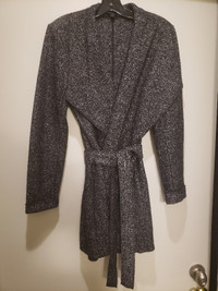 Dark Grey wool-like belted sweater to hip