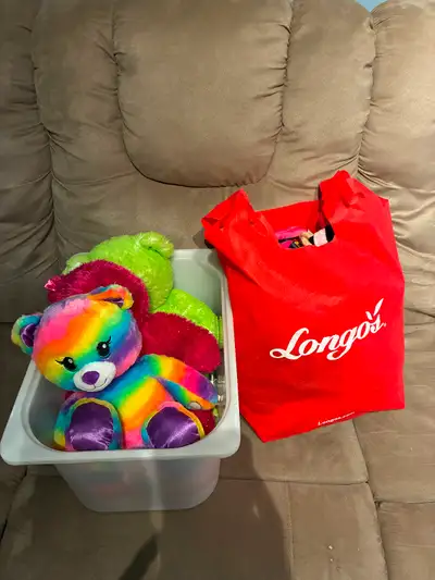 Three official ‘Build a Bear’ bears. One rainbow bear, one Barbie bear, and one green bear. Longos b...