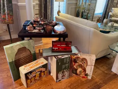 Copper items, pasta maker, collector dolls, Christmas Village Houses and decorations, etc…