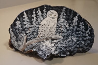 Vintage Hand Painted Tree Conk Shelf Mushroom Winter Snowy Owl