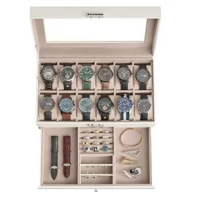 ⌚ 12-Slot Watch Box with Jewelry Drawer – Cloud White & Cappuccino Beige Keep your watch and jewelry...