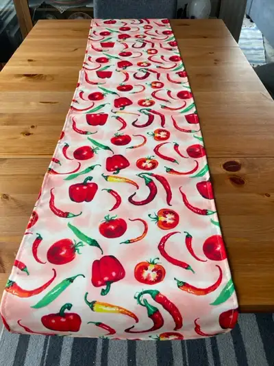 - 150 X 33 cm (59 X 13 inches) - hot chile peppers, sweet red bell peppers and tomatoes on white/lig...
