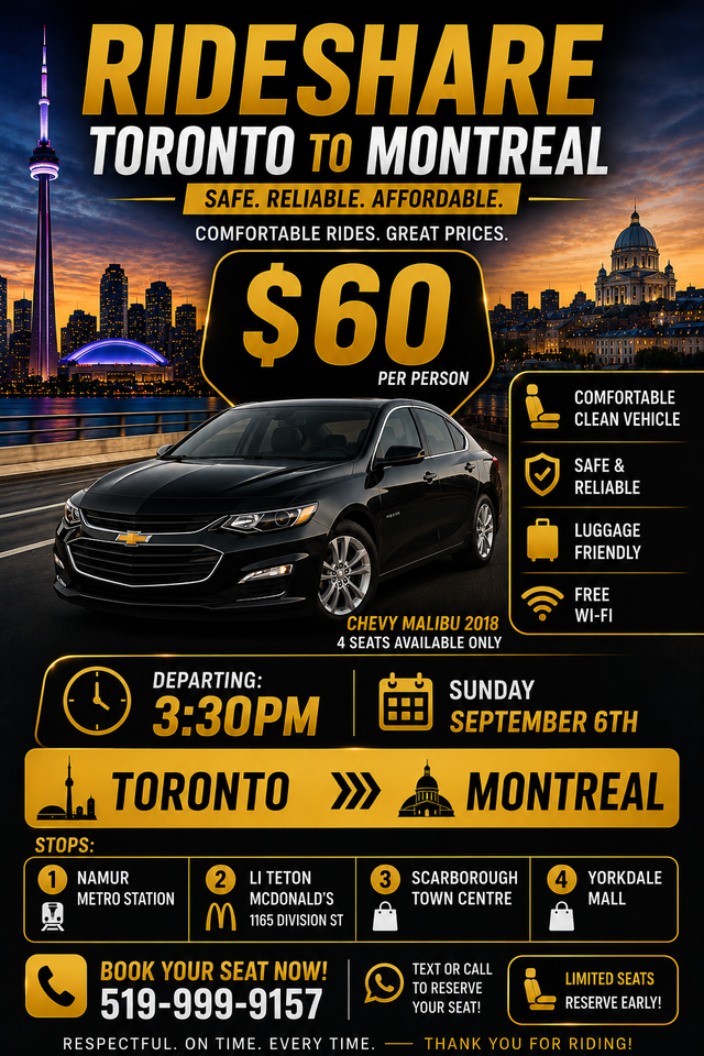 TORONTO ➜ MONTREAL  Ride – SUNDAY Sept. 6th  @ 3:30pm