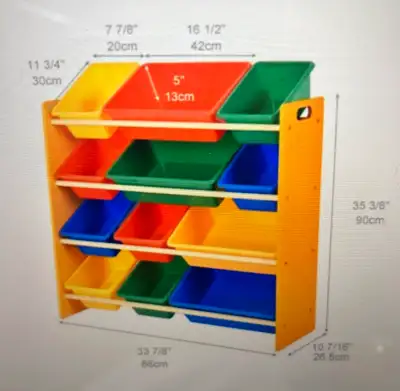 IKEA style toy shelving unit with primary coloured bins bought around 2004. Put into boxed storage a...