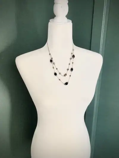 Elegant Black Glass Bead Necklace Double Strand, Silver and Brass Tone Metal. Approx 22” In good con...