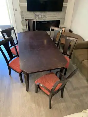 Wooden dining room set. Table with leaf. 6 chairs. Buffet h, View more