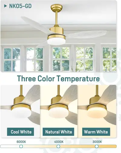 Melkelen Modern Gold Ceiling Fans with Lights and Remote Control, View more