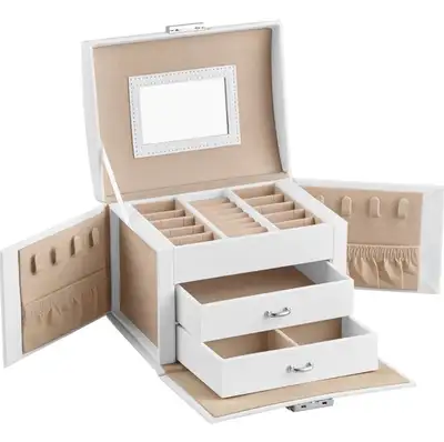 SONGMICS 3-Tier Lockable Jewelry Box with Mirror – Elegant White Organizer with Drawers Keep your je...