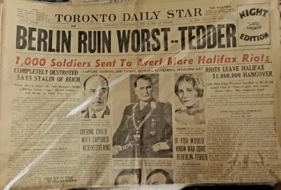 Toronto Star Newspaper detailing the halifax riots May 9 1945 and Herman Goering arrest also schoone...