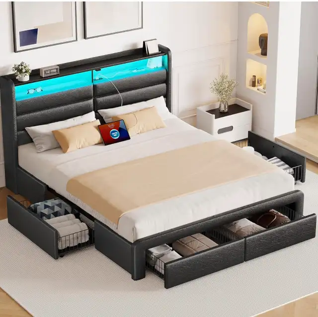 Queen Bed Frame with 4 Storage Drawers63013092096385122