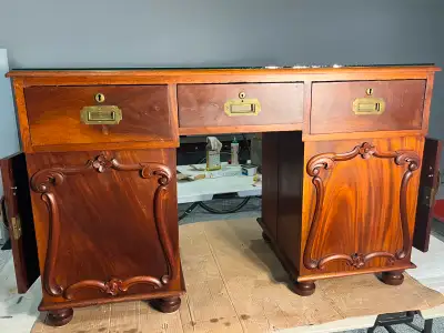 1930s Solid Wood Kneehole Desk Canadian Vintage Office Furniture, View more