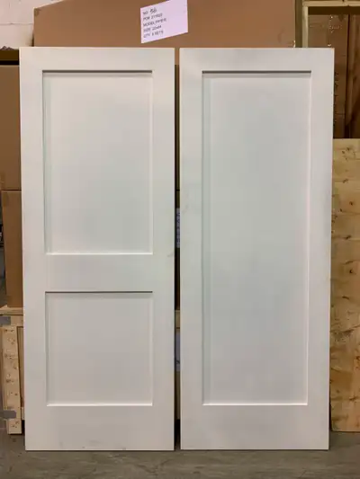 Solid core interior shaker doors, varied styles and sizes from 18" to 36" wide x 80" high 1 and 2 pa...