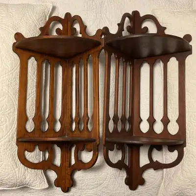 Fine Arts carved wood reticulated 2-tier corner shelves, Pair, View more