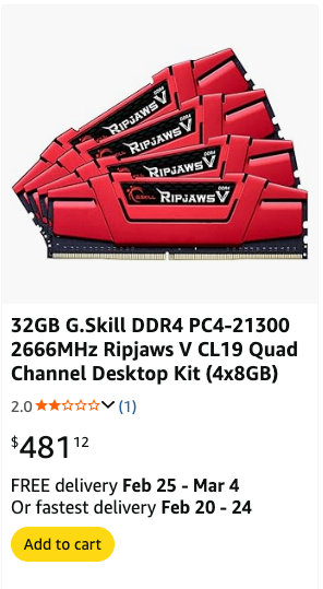 32gb RAM DDR4 3000 Gskill Ripjaws (4 bars), View more