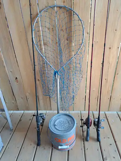 fishing equipment, rods and reels 18" net and minnow bucket , View more