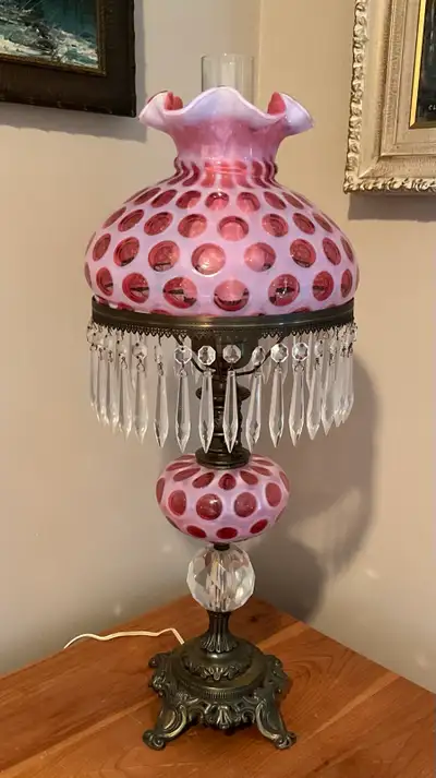Vintage Fenton Art Glass Cranberry Coin Dot Lamp, View more