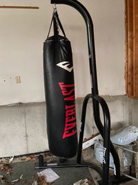 Heavy bag stand, heavy bag, and everlast boxing gloves.