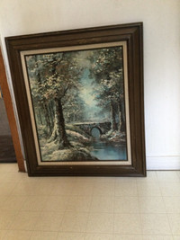 Vintage original oil painting landscape forest river framed
