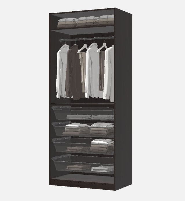 IKEA PAX Wardrobe (black/brown) with 4 Komplement mesh baskets