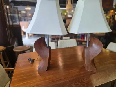 Mid-Century Modern Sculptural Walnut Table Lamps, View more