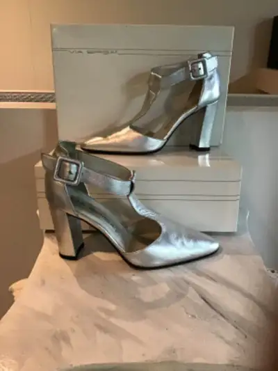Silver Metallic Leather Heels, View more