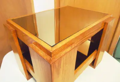 VINTAGE HAND MADE WOODEN END  WITH MIRRORED TABLE TOP AND SHELF, View more